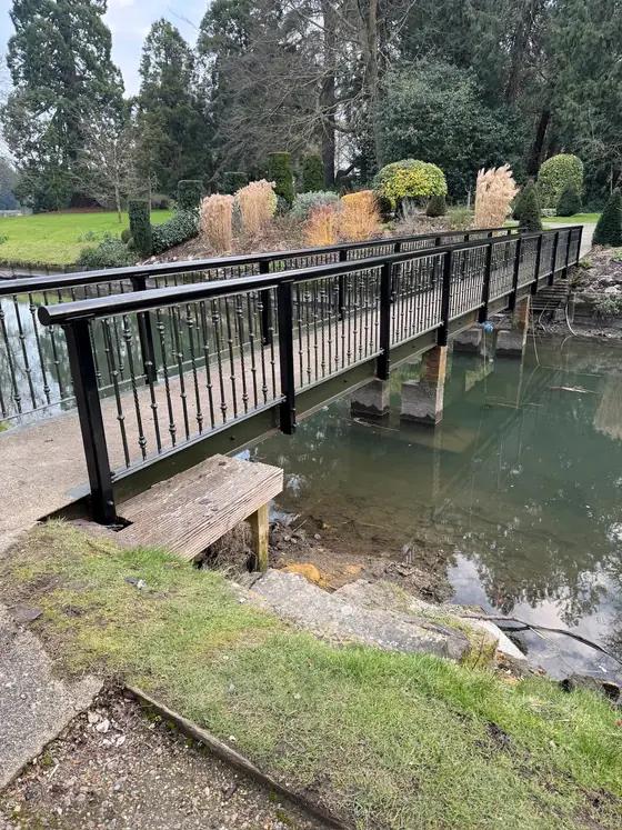The steel footbridge and its handrail crossing the lake