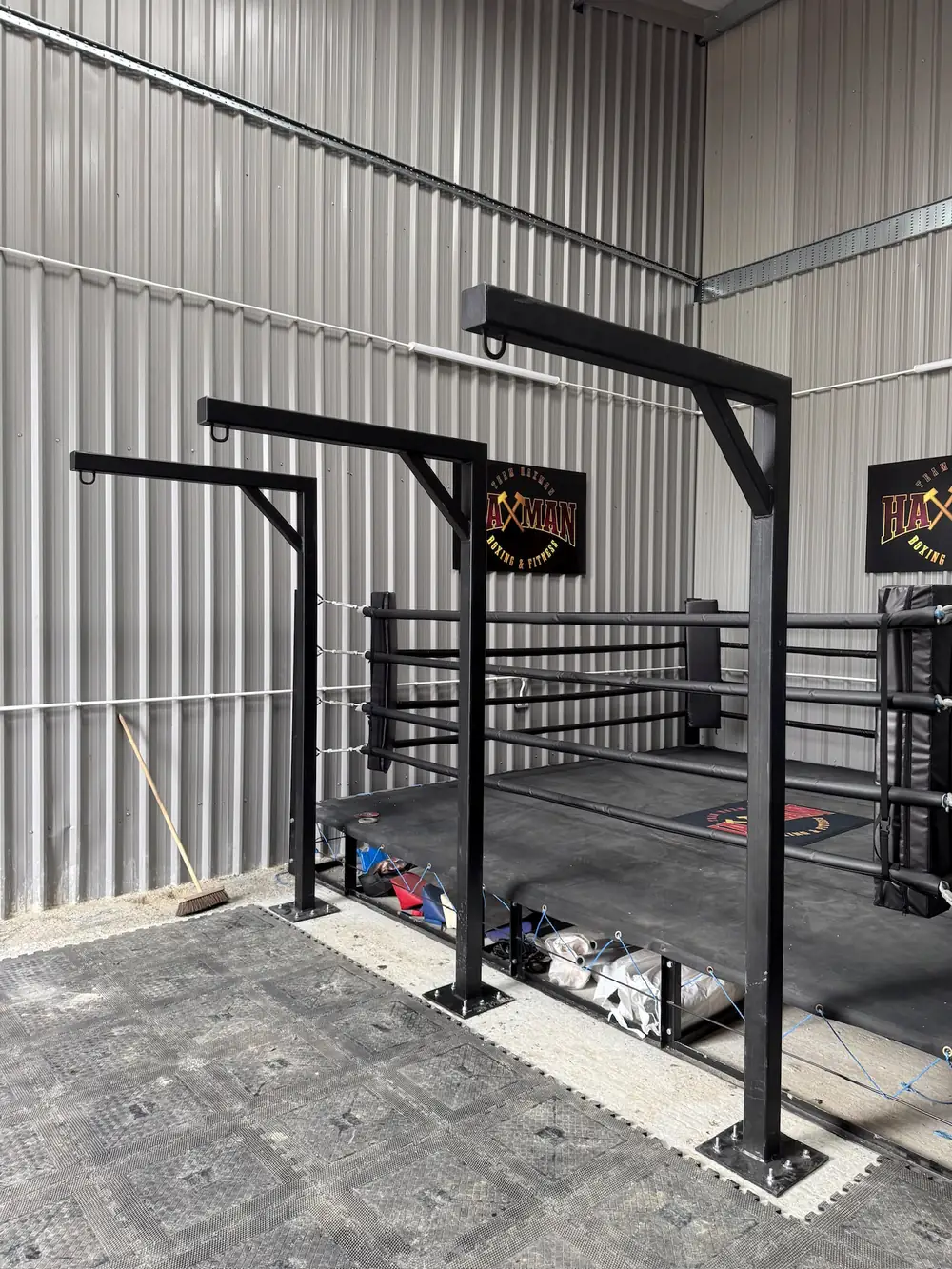 A one off steel gym frame with pull up bars welded into it